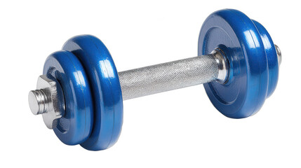 Obraz premium Blue dumbbell resting on a surface ready for weightlifting exercise in home gym setting during daytime