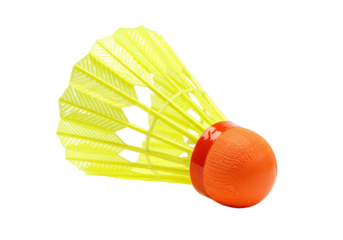Yellow badminton shuttlecock isolated on transparent background, sport equipment for recreational games and competitive play
