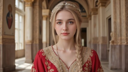 Fototapeta premium Young woman in medieval dress poses in ornate palace corridor