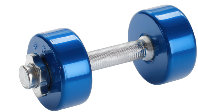 Blue dumbbell resting on a surface ready for weightlifting exercise in home gym setting during daytime