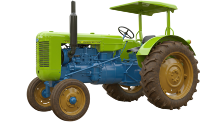 Green and blue vintage tractor isolated on transparent background, classic farm vehicle for agriculture and farming