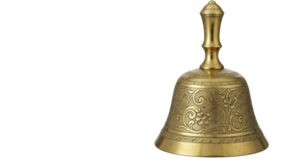 Ornate brass hand bell isolated on transparent background, vintage musical instrument for education and religious ceremonies
