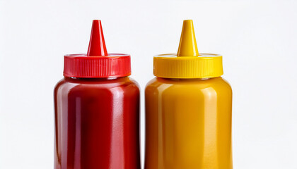 Catsup And Mustard Condiment Bottles In Red And Yellow Isolated Over White