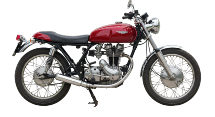 Classic red motorcycle isolated on a clean backdrop, vintage motorbike with chrome accents and detailed engine components