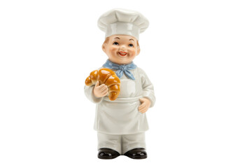 Smiling chef figurine holding croissant isolated on white, ceramic baker statue with pastry for kitchen decor and food themes