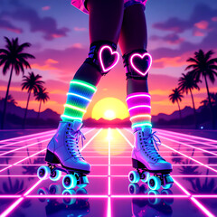 “Retro-Futuristic Neon Roller Skates with Glowing Blue Wheels, Vibrant Grid Surface, Sunset Palm Trees, and Vaporwave Aesthetic in a Futuristic Retro Lifestyle Scene”