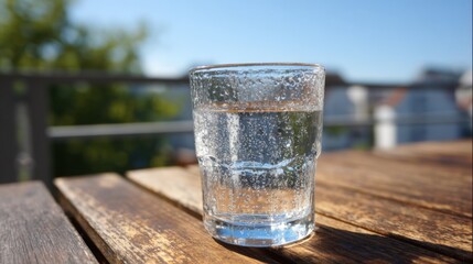 A clear glass filled with sparkling water sits on a wooden table. Sunlight illuminates the scene, creating reflections on the glass and highlighting the vibrant greenery in the background.