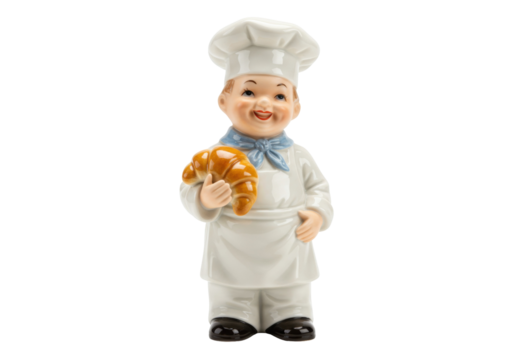 Smiling chef figurine holding croissant isolated on white, ceramic baker statue with pastry for kitchen decor and food themes - Powered by Adobe