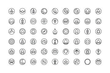 Vector art of collection of 42 simple outline icons representing islamic architecture, symbols, and cultural elements