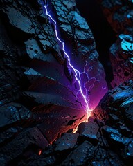 Obraz premium Cracked Volcanic Stone Split with Luminous Neon Blue and Violet Lightning Glow, Sci Fi Abstract Background