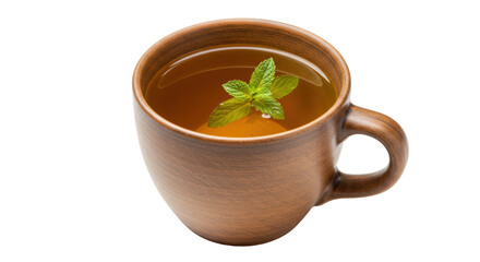 Earthenware mug with herbal tea and mint leaves isolated, healthy beverage for relaxation and wellness