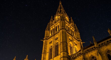 Gothic architecture illuminated against dark night sky showcasing architectural details
