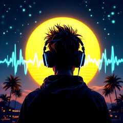 “Silhouette of a Person with Headphones Facing a Glowing Full Moon as Blue Audio Waveforms Stretch Across a Tropical Night Sky with Palm Trees and City Lights”