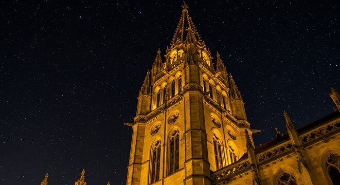 Gothic architecture illuminated against dark night sky showcasing architectural details