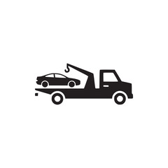 Illustration of a tow truck carrying a car this minimalist black glyph icon represents roadside assistance, vehicle recovery, and emergency services