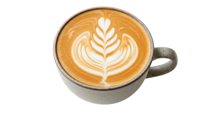 Latte art in a speckled mug isolated on a clean backdrop, coffee drink with a fern pattern for cafe menus