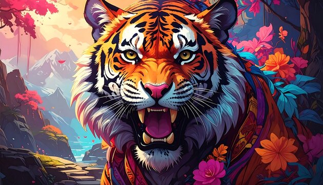 A vibrant tiger, with a ferocious expression, commands attention against a backdrop of a colorful mountain landscape and blooming flowers.