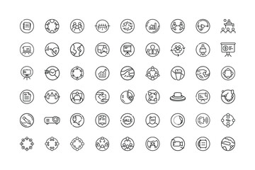 Vector art of set of simple line art icons depicting business concepts, finance, strategy, and teamwork