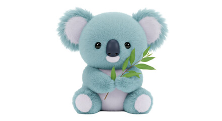 Adorable fluffy blue koala bear holding eucalyptus leaves isolated PNG, cute cartoon animal character for kids design and decoration