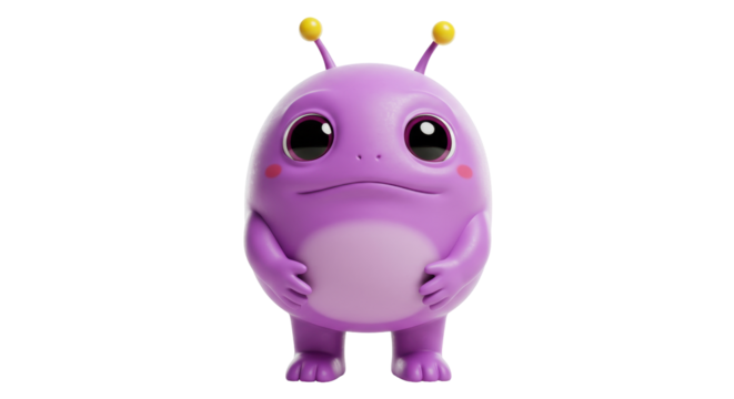 Cute purple alien cartoon character PNG isolated on transparent background, friendly extraterrestrial creature with yellow antennae - Powered by Adobe