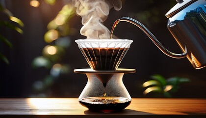 Pouring hot water from a gooseneck kettle into a coffee dripper, brewing fresh coffee with steam rising in a warm, natural light setting.