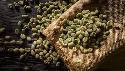 A close-up overhead shot of raw, unroasted green coffee beans spilling from a burlap sack onto a dark wooden surface.