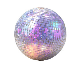 Iridescent disco ball isolated on a black background, reflecting colorful lights.