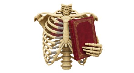 Anatomical skeleton holding a red book isolated on transparent background, educational model for medical study and Halloween decor