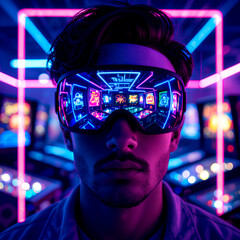 “Futuristic Portrait of a Man Wearing Sleek Neon Virtual Reality Goggles with Kaleidoscope Reflections, Glowing Cyberpunk Background, and Immersive Digital Vibe”