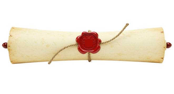 Antique scroll with red wax seal isolated on transparent background, vintage parchment document for medieval fantasy or historical themes