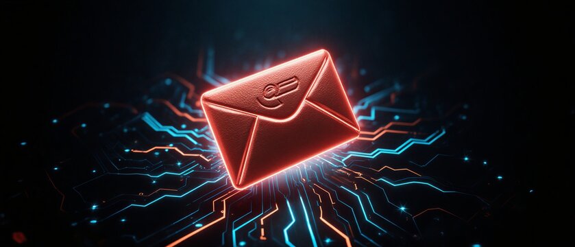 glowing red email icon on futuristic circuit board for technology and communication concept | technology, communication, cybersecurity, digital, innovation theme