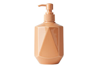 Peach-colored geometric soap dispenser isolated on transparent background, modern bathroom accessory for hygiene and hand washing