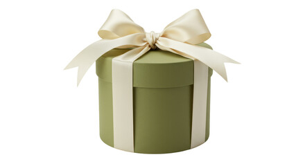 Elegant olive green round gift box with cream ribbon isolated, present for special occasion or holiday celebration PNG