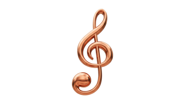 Copper treble clef PNG isolated on transparent background, musical symbol for music notation and orchestral scores