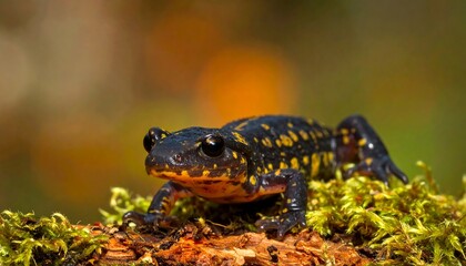 Fototapeta premium Close-up of a fire salamander resting on a bed of moss, showcasing its striking black and yellow spotted skin and detailed features.