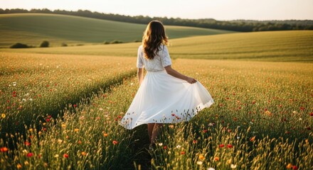Young caucasian woman in white dress walking through a colorful flower field at sunset