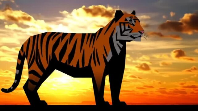 A stylized, geometric illustration of a majestic tiger standing proudly against a vibrant sunset sky.