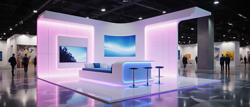 modern exhibition booth featuring vibrant neon lighting and sleek minimalist design | trade show, business, advertising, marketing, event theme