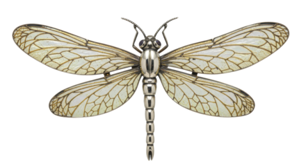 Silver dragonfly brooch isolated on transparent background, vintage insect jewelry with iridescent wings for fashion and design