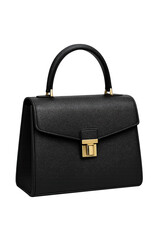 Black Leather Handbag with Metal Hardware and Structured Silhouette Cutout Transparent PNG