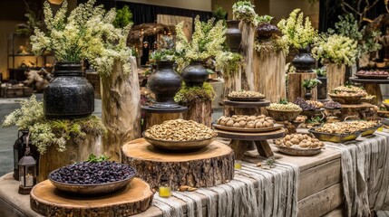 Fototapeta premium A beautifully styled buffet features various snacks and decorative elements, including vibrant floral arrangements atop rustic wooden displays, creating an inviting atmosphere with natural textures...