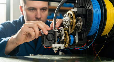 Engineer Adjusting the Extruder Mechanism of a Professional 3D Printer
An extreme close-up shot of a focused technician or engineer calibrating or maintaining the intricate extruder mechanism 
