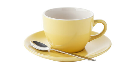 Yellow ceramic teacup and saucer with spoon isolated on white, elegant tableware for coffee or tea time PNG