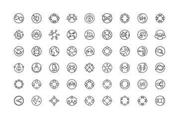 Vector art of diverse set of circular icons depicting teamwork, business, and global connection concepts, for digital use
