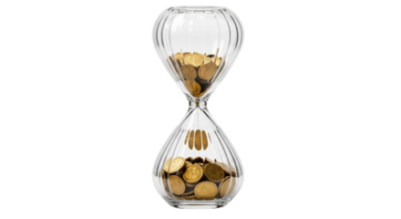 Hourglass with gold coins isolated on transparent background, time is money concept for finance and investment themes