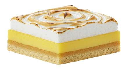 Square lemon meringue cake isolated on a clean backdrop, delicious dessert with toasted meringue and lemon curd for patisserie menus