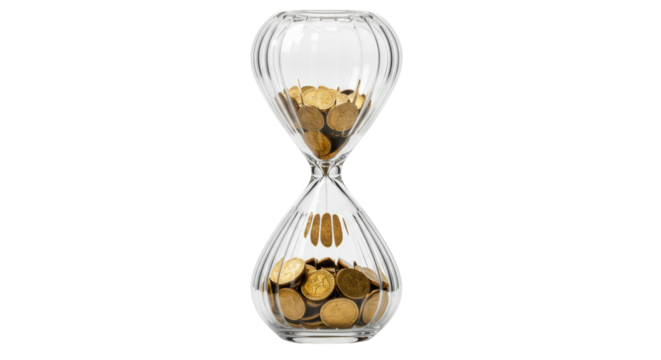 Hourglass with gold coins isolated on transparent background, time is money concept for finance and investment themes