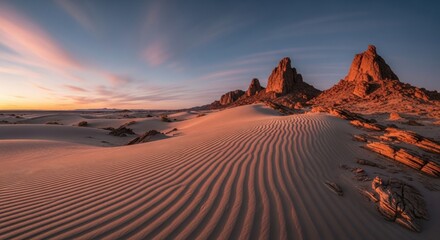 Naklejka premium Stunning sunset over desert sand dunes with rocky formations