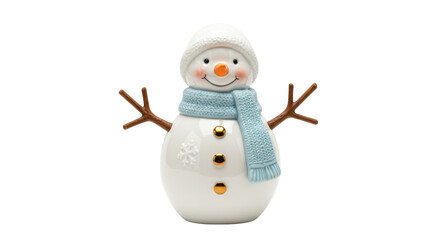 Charming ceramic snowman figurine isolated on transparent background, festive winter decoration for holiday season