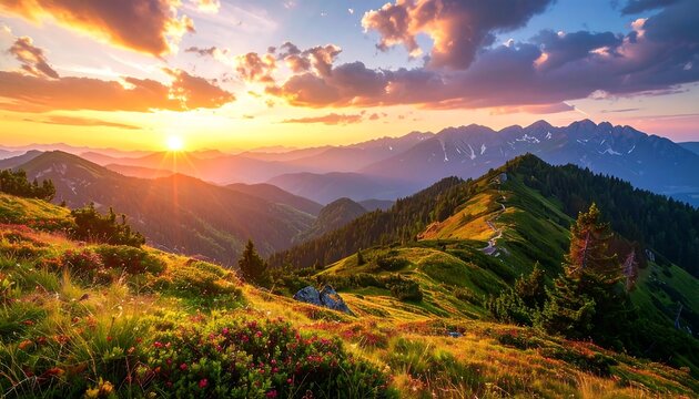 A breathtaking mountain vista at sunset, showcasing vibrant hues and rolling hills.